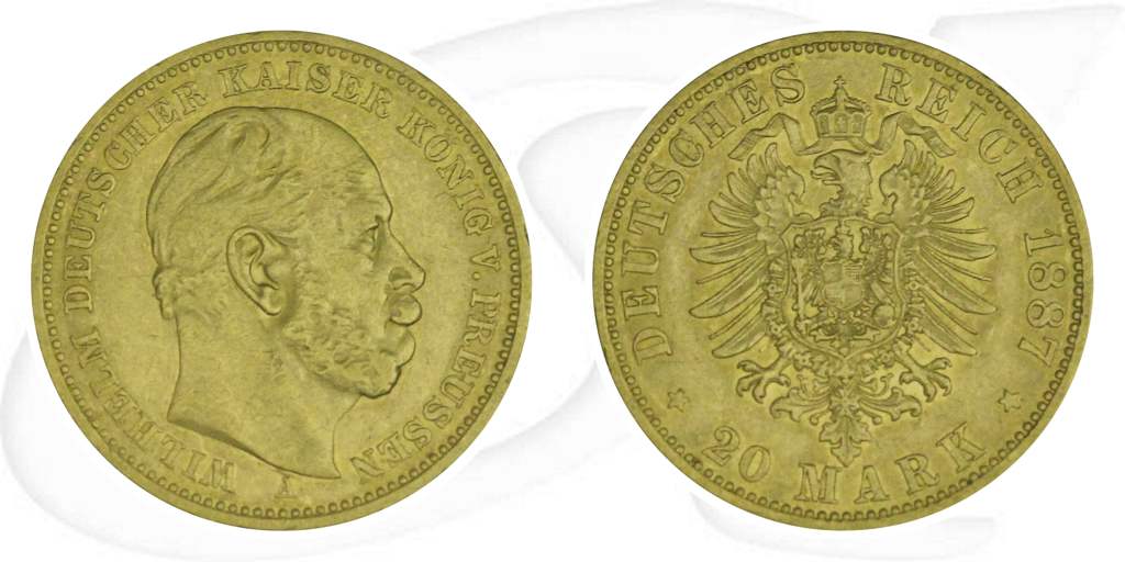 Deutschland 20 Mark Gold 1887 A ss Preussen Wilhelm I. Münze Vorderseite und Rückseite zusammen