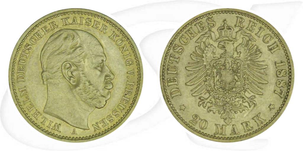 Deutschland 20 Mark Gold 1887 A ss-vz Preussen Wilhelm I. Münze Vorderseite und Rückseite zusammen