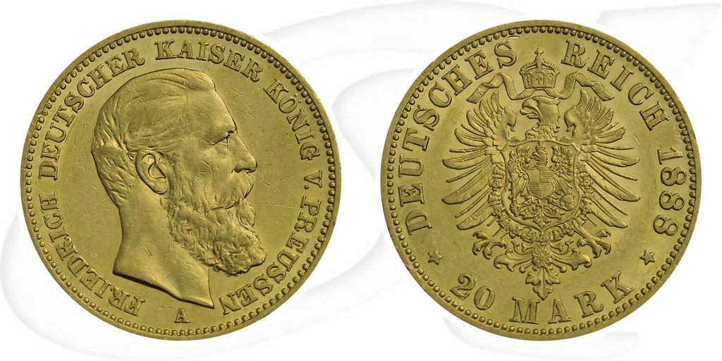 Deutschland Preussen 20 Mark Gold 1888 A ss-vz Friedrich III. Münze Vorderseite und Rückseite zusammen