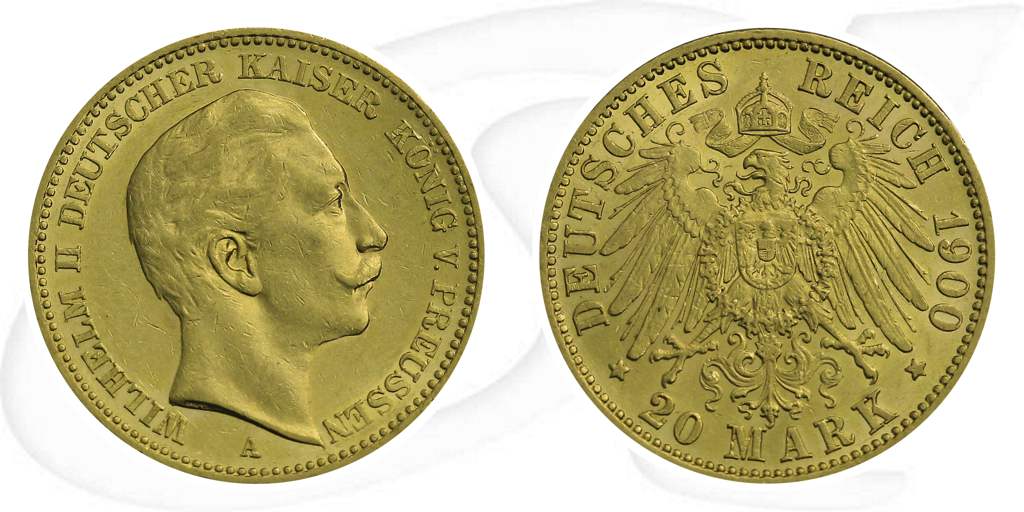 Deutschland Preussen 20 Mark Gold 1900 A vz Wilhelm II. Münze Vorderseite und Rückseite zusammen