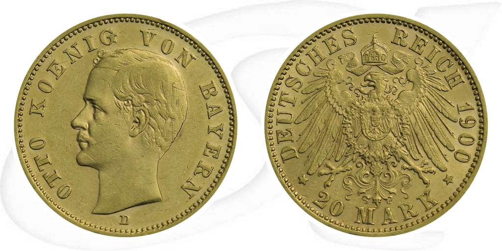 Deutschland Bayern 20 Mark Gold 1900 gutes ss Otto Münze Vorderseite und Rückseite zusammen