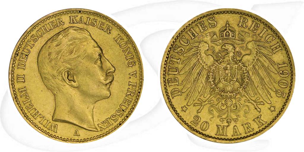 Deutschland Preussen 20 Mark Gold 1905 A ss-vz Wilhelm II. Münze Vorderseite und Rückseite zusammen