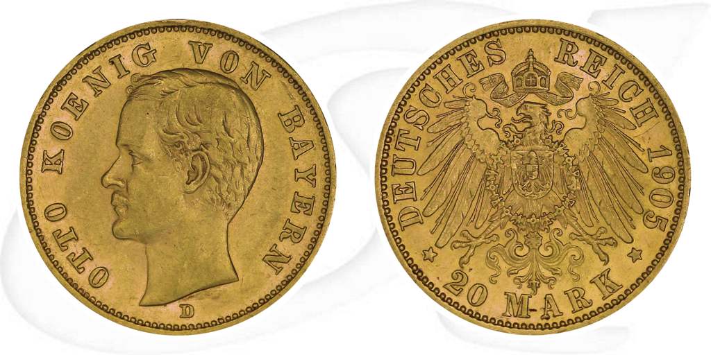 Deutschland Bayern 20 Mark Gold 1905 ss-vz Otto Münze Vorderseite und Rückseite zusammen