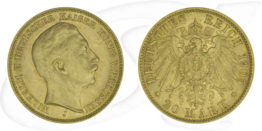Deutschland 20 Mark Gold 1905 J vz Preussen Wilhelm II. Münze Vorderseite und Rückseite zusammen