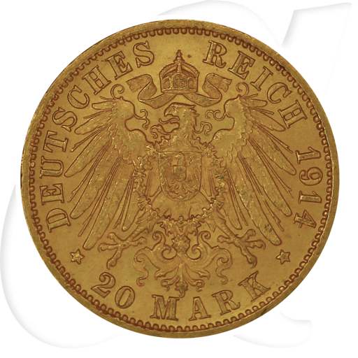 Deutschland Baden 20 Mark Gold 1914 G vz+ Friedrich II. Münzen-Wertseite