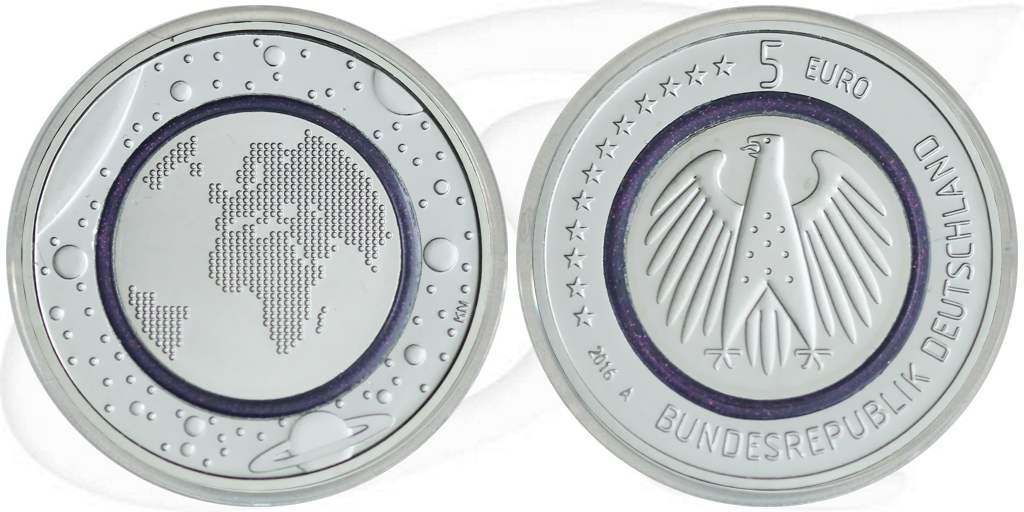 Deutschland 2016 5 Euro Blauer Planet Erde Münze Vorderseite und Rückseite zusammen