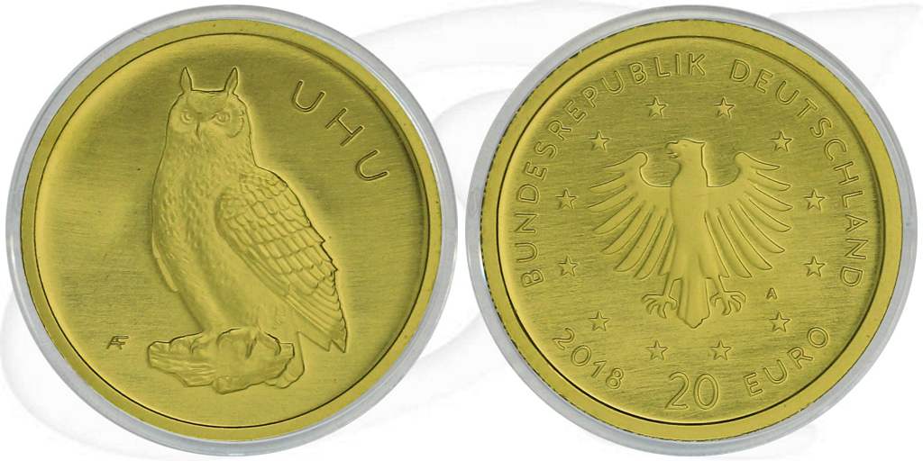 BRD 20 Euro 2018 A st Gold Heimische Vögel - Uhu Münze Vorderseite und Rückseite zusammen