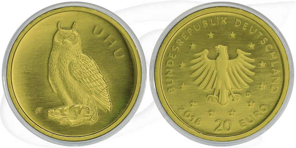 BRD 20 Euro 2018 D st Gold Heimische Vögel - Uhu Münze Vorderseite und Rückseite zusammen