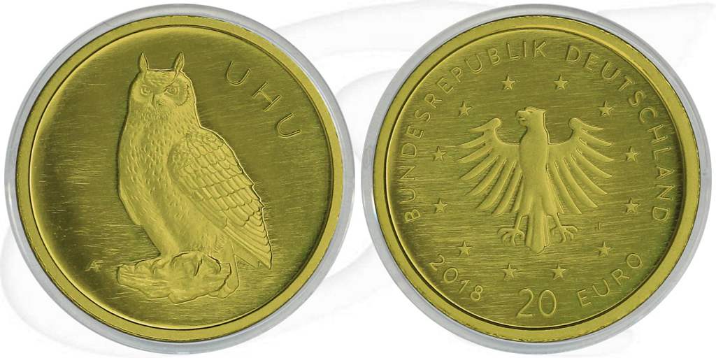 BRD 20 Euro 2018 J st Gold Heimische Vögel - Uhu Münze Vorderseite und Rückseite zusammen