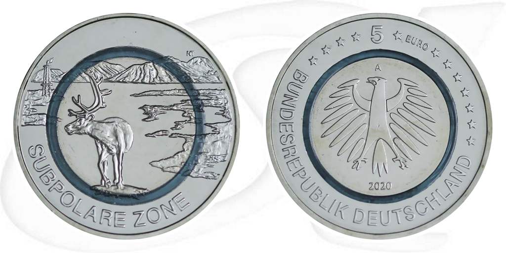 Deutschland 2020 5 Euro Subpolare Zone türkis Münze Vorderseite und Rückseite zusammen