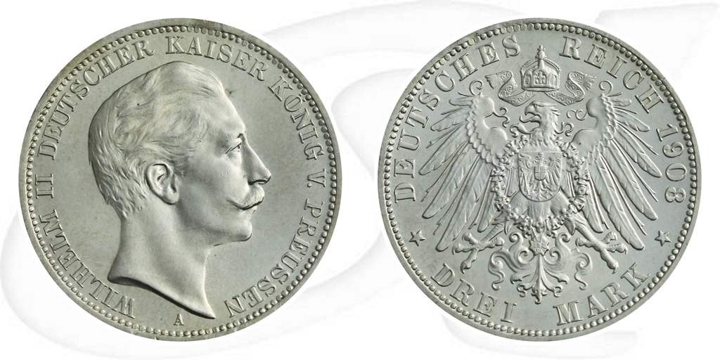 Deutschland Preussen 3 Mark 1908 vz-st Wilhelm II. Münze Vorderseite und Rückseite zusammen