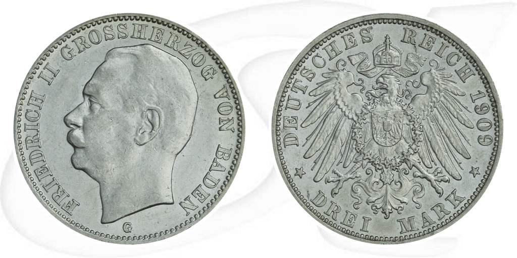 Deutschland Baden 3 Mark 1909 ss Friedrich II. Münze Vorderseite und Rückseite zusammen