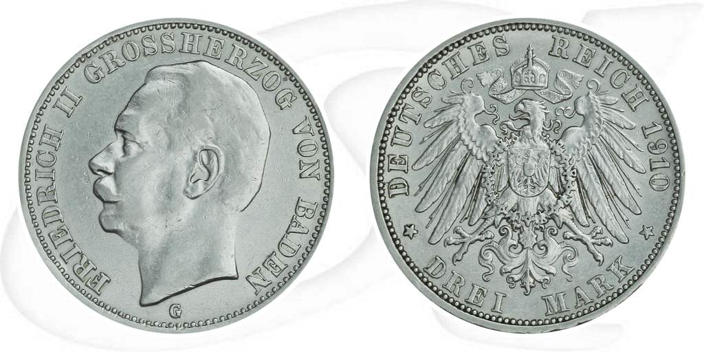 Deutschland Baden 3 Mark 1910 ss Friedrich II. Münze Vorderseite und Rückseite zusammen