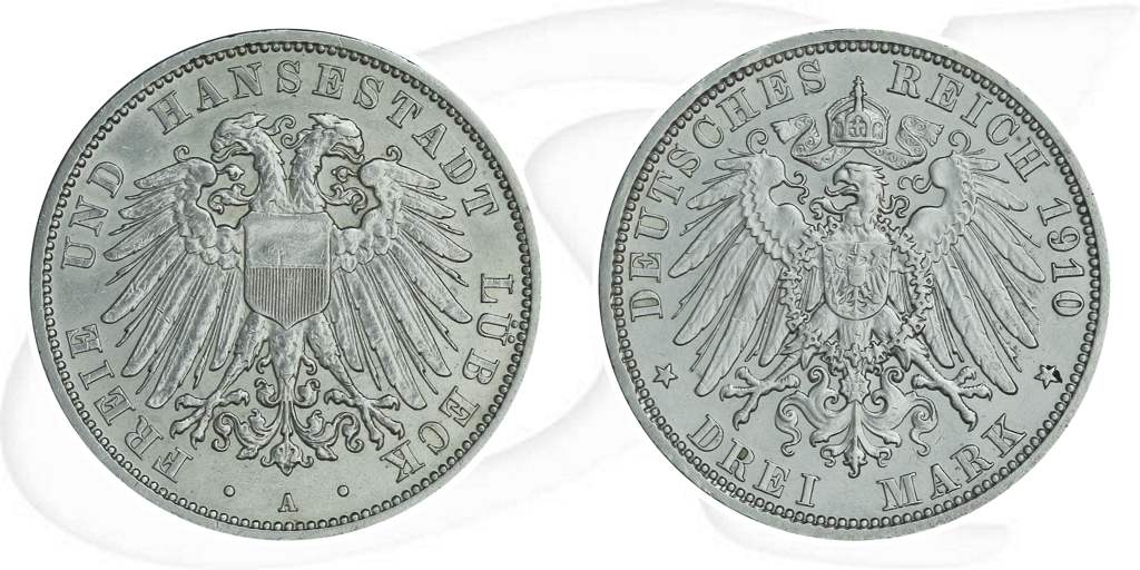 Deutschland Lübeck 3 Mark 1910 ss Wappen Münze Vorderseite und Rückseite zusammen