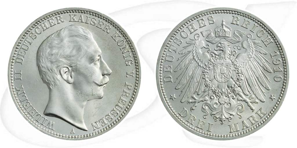 Deutschland Preussen 3 Mark 1910 vz-st Wilhelm II. Münze Vorderseite und Rückseite zusammen
