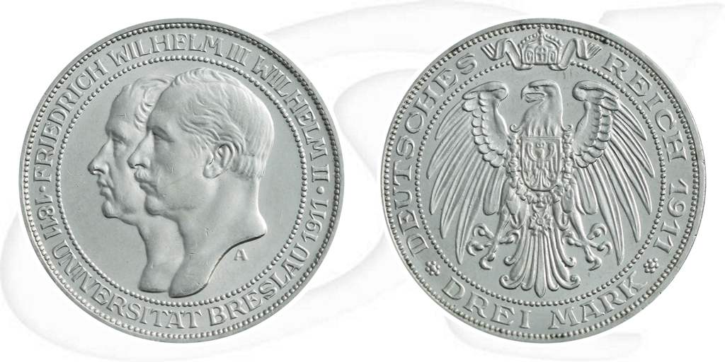 Deutschland Preussen 3 Mark 1911 vz-st Uni Breslau Münze Vorderseite und Rückseite zusammen