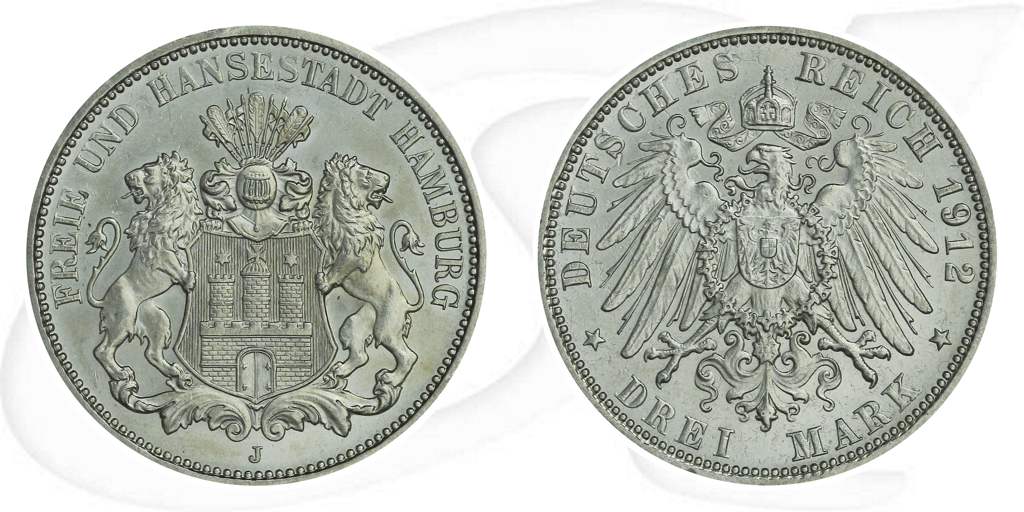 Deutschland Hamburg 3 Mark 1912 vz Wappen Münze Vorderseite und Rückseite zusammen