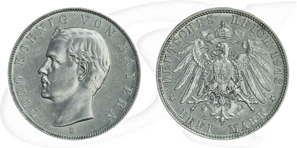 Deutschland Bayern 3 Mark 1913 ss-vz Otto Münze Vorderseite und Rückseite zusammen