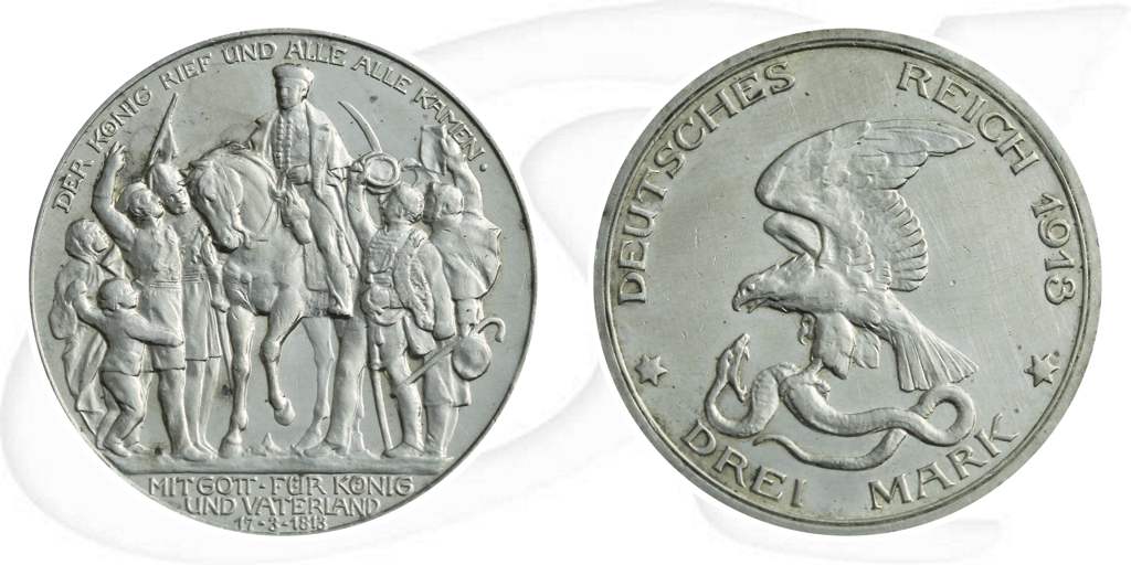 Deutschland Preussen 3 Mark 1913 ss Befreiungskriege Münze Vorderseite und Rückseite zusammen