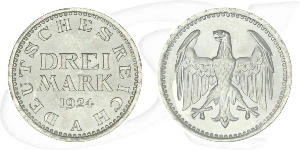 Weimarer Republik 3 Mark 1924 A prägefrisch/st Kursmünze Münze Vorderseite und Rückseite zusammen