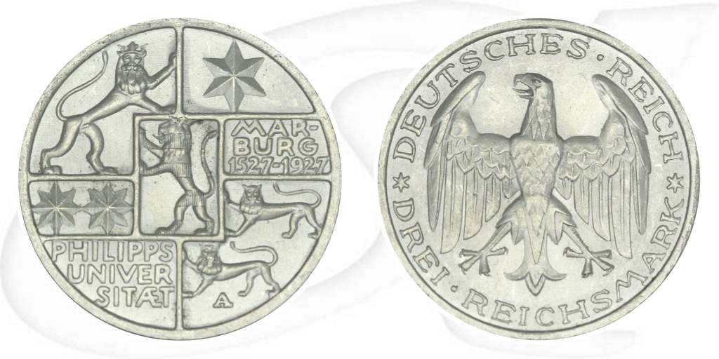 Weimarer Republik 3 Mark 1927 A vz-st Uni Marburg Münze Vorderseite und Rückseite zusammen