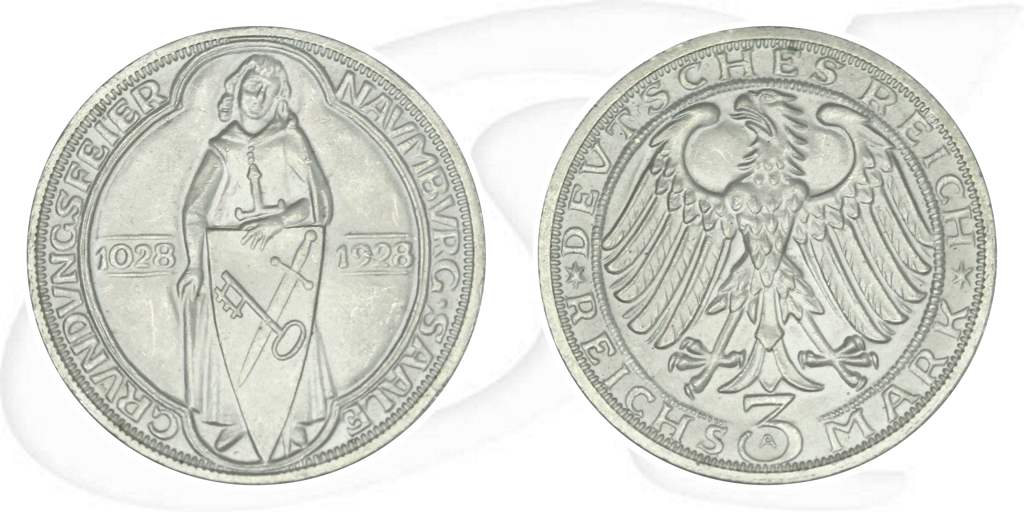 Weimarer Republik 3 Mark 1928 A vz-st Naumburg Münze Vorderseite und Rückseite zusammen