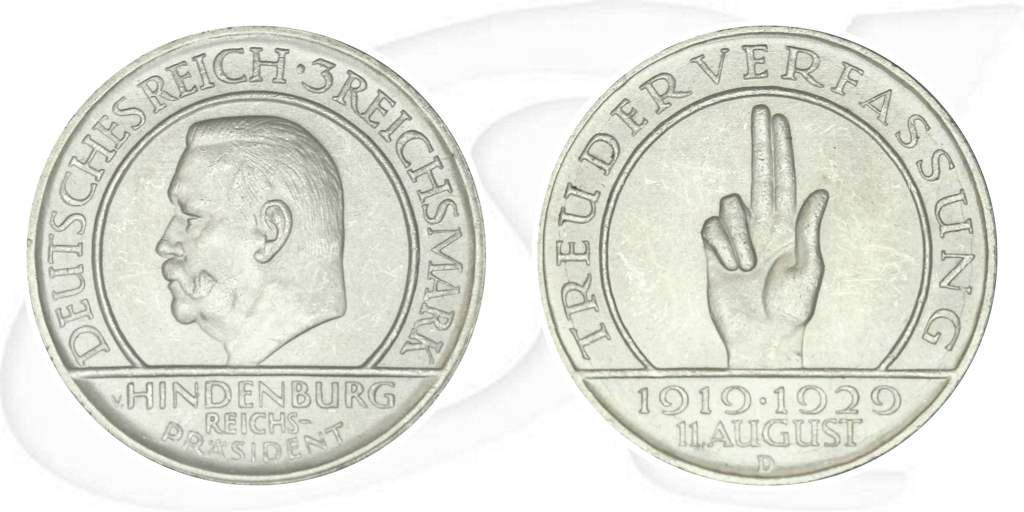Weimarer Republik 3 Mark 1929 D prägefrich/st Verfassung Schwurhand Münze Vorderseite und Rückseite zusammen