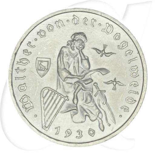 Weimarer Republik 3 Mark 1930 A vz-st Walther von der Vogelweide Münzen-Bildseite