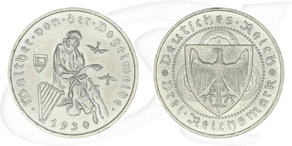 Weimarer Republik 3 Mark 1930 A vz-st Walther von der Vogelweide Münze Vorderseite und Rückseite zusammen