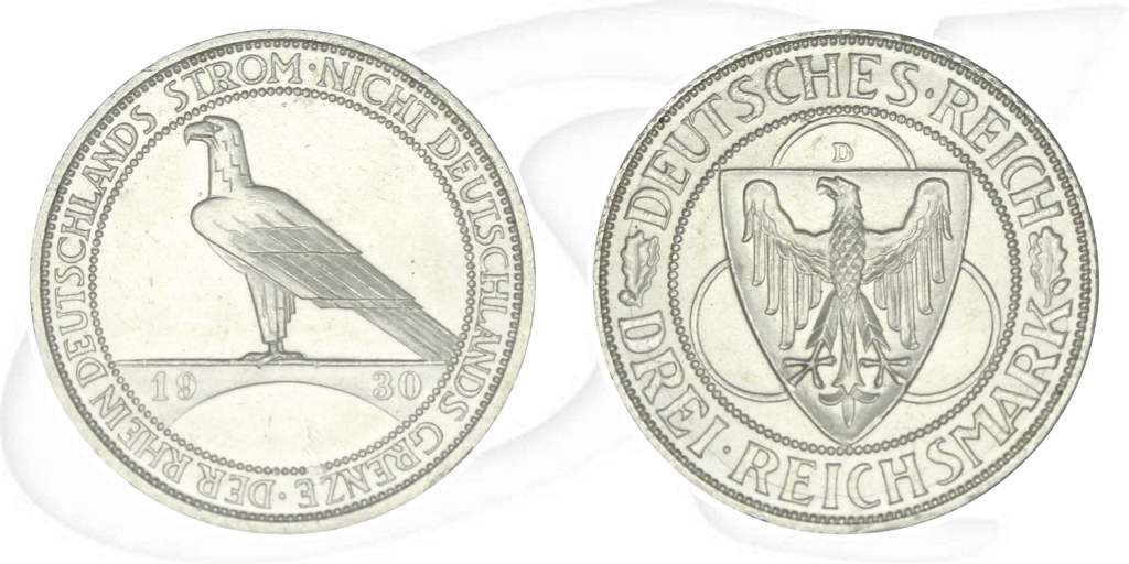 Weimarer Republik 3 Mark 1930 D vz-st Rheinlandräumung Münze Vorderseite und Rückseite zusammen