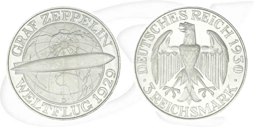Weimarer Republik 3 Mark 1930 D prägefrisch/st Weltflug Graf Zeppelin Münze Vorderseite und Rückseite zusammen