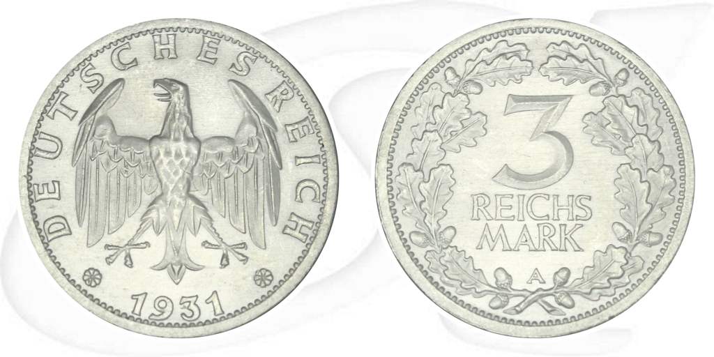 Weimarer Republik 3 Mark 1931 A st / prägefrisch Kursmünze Münze Vorderseite und Rückseite zusammen