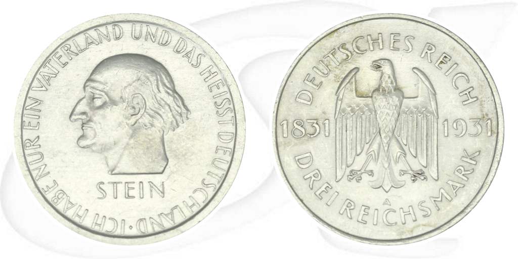 Weimarer Republik 3 Mark 1931 A vz Freiherr vom und zum Stein Münze Vorderseite und Rückseite zusammen