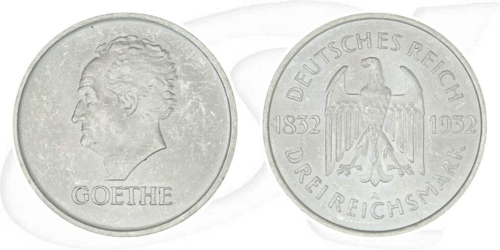Weimarer Republik 3 Mark 1932 A vz-st 150. Todestag Goethe Münze Vorderseite und Rückseite zusammen
