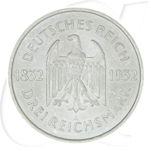 Weimarer Republik 3 Mark 1932 A vz-st 150. Todestag Goethe Münzen-Wertseite