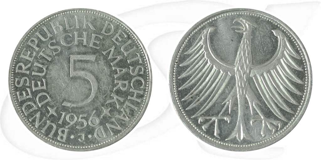 Deutschland 5 DM Kursmünze Silberadler 1956 J vz-st Münze Vorderseite und Rückseite zusammen