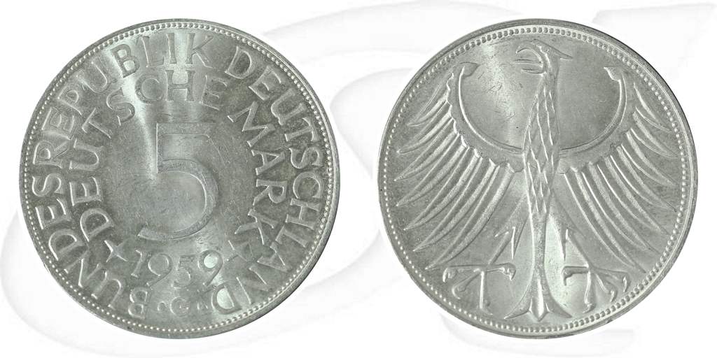 Deutschland 5 DM Kursmünze Silberadler 1959 G fast st Münze Vorderseite und Rückseite zusammen