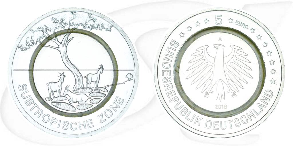 Deutschland 5 Euro 2018 A (Berlin) Subtropische Zone st/prägefrisch Münze Vorderseite und Rückseite zusammen