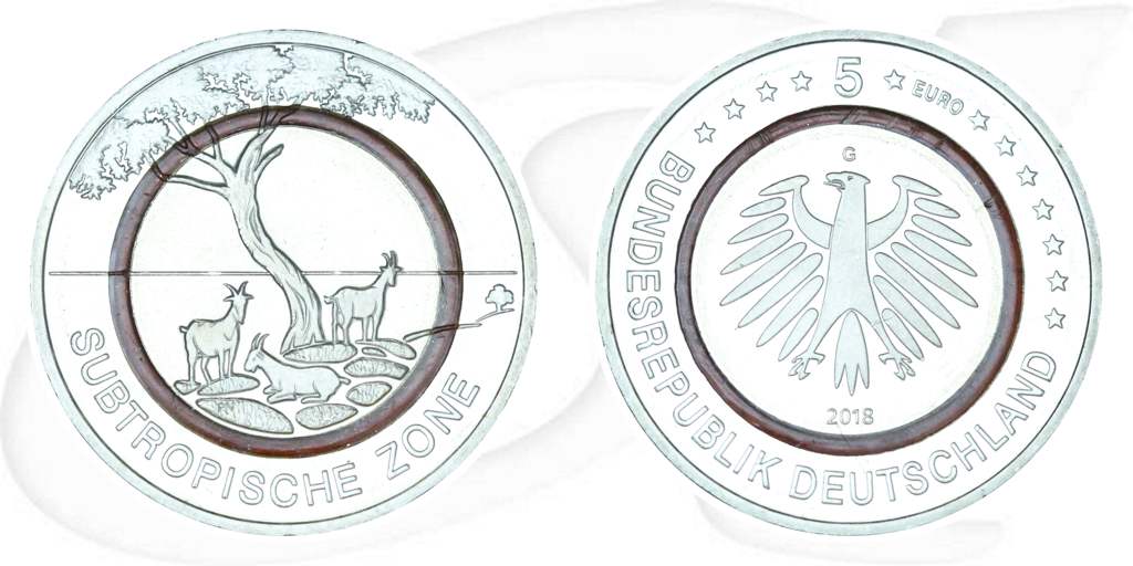 Deutschland 5 Euro 2018 G (Karlsruhe) Subtropische Zone st/prägefrisch Münze Vorderseite und Rückseite zusammen