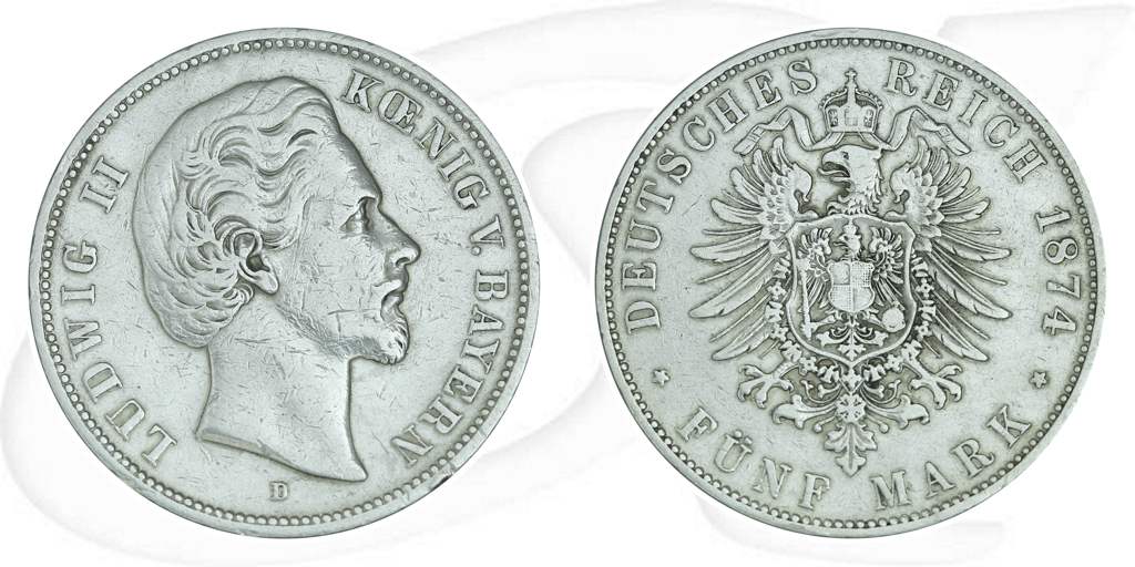 Deutschland Bayern 5 Mark 1874 ss König Ludwig II. Münze Vorderseite und Rückseite zusammen