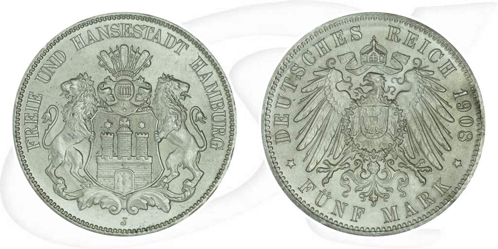 Deutschland Hamburg 5 Mark 1908 vz-st Münze Vorderseite und Rückseite zusammen