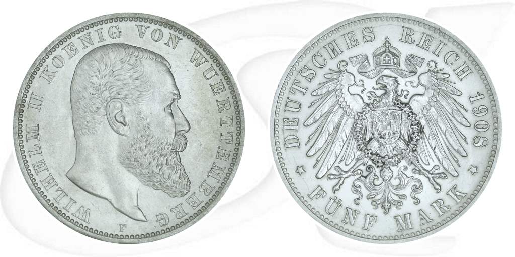 Deutschland Württemberg 5 Mark 1908 vz Wilhelm II. Münze Vorderseite und Rückseite zusammen