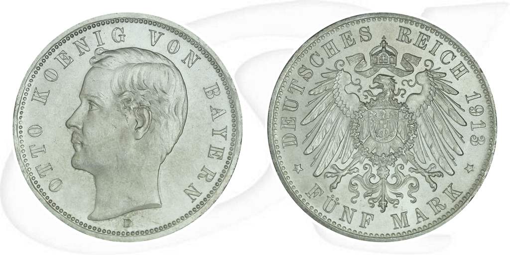 Deutschland Bayern 5 Mark 1913 vz-st Otto Münze Vorderseite und Rückseite zusammen