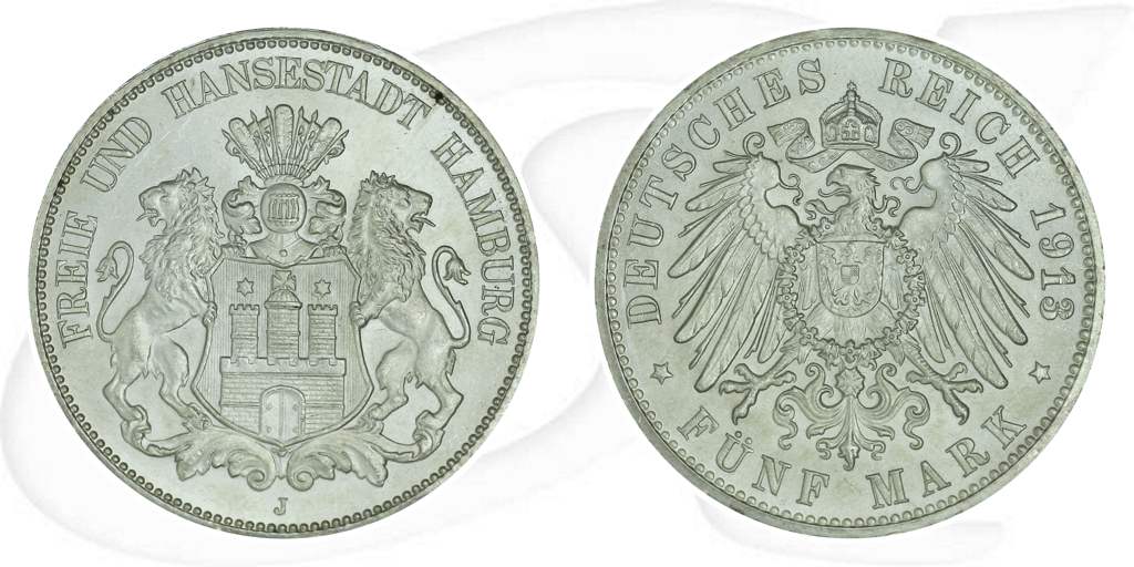 Deutschland Hamburg 5 Mark 1913 vz-st Münze Vorderseite und Rückseite zusammen