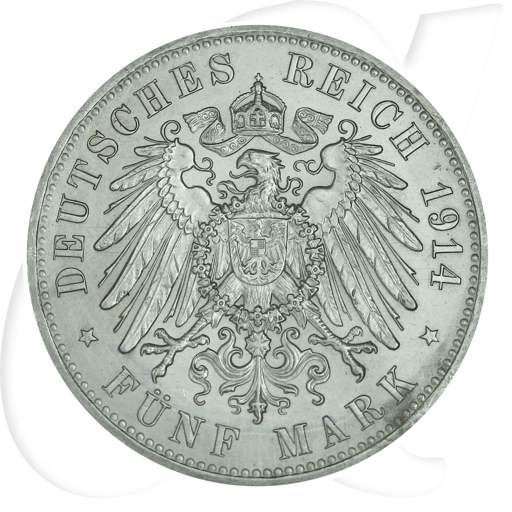 Deutschland Preussen 5 Mark 1914 vz Wilhelm II. in Uniform Münzen-Wertseite