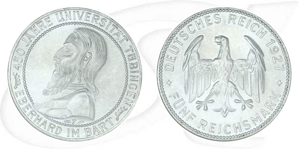 Weimarer Republik 5 Mark 1927 F vz-st 450 Jahre Universität Tübingen Münze Vorderseite und Rückseite zusammen