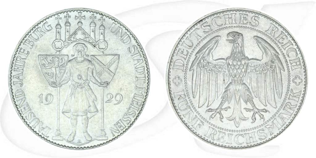 Weimarer Republik 5 Mark 1929 E vz 1000 Jahre Burg und Stadt Meißen Münze Vorderseite und Rückseite zusammen