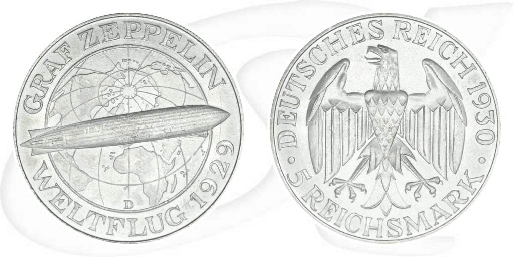 Weimarer Republik 5 Mark 1930 D vz-st Weltflug Graf Zeppelin Münze Vorderseite und Rückseite zusammen