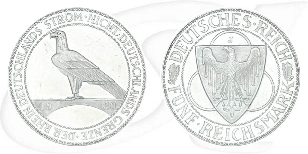 Weimarer Republik 5 Mark 1930 J vz+ Rheinlandräumung Münze Vorderseite und Rückseite zusammen