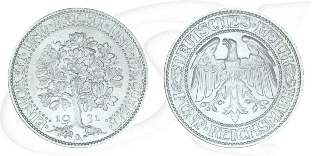 Weimarer Republik 5 Mark 1931 A prägefrisch/st Eichbaum Münze Vorderseite und Rückseite zusammen